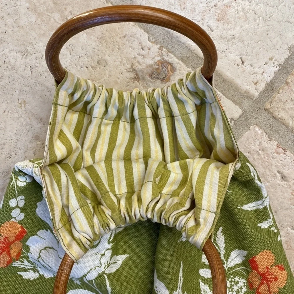 Linen Wood Handle Handbag Purse Womens tote stripes floral round handle knitting